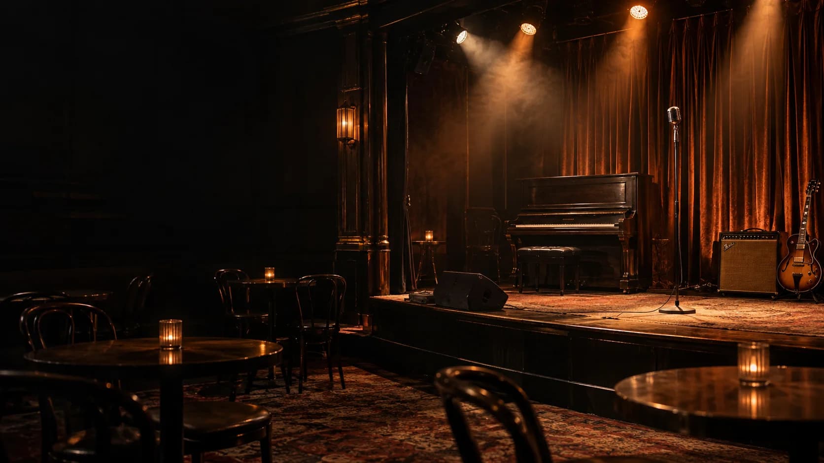 An intimate music stage lit in warm amber, with a microphone, piano, and guitar